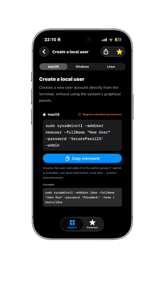 Command Syntax, Sudo Indicator, and Copy Button
