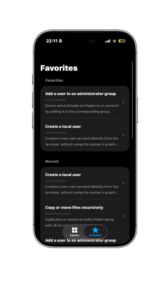 Favorites and Recent Commands Screen