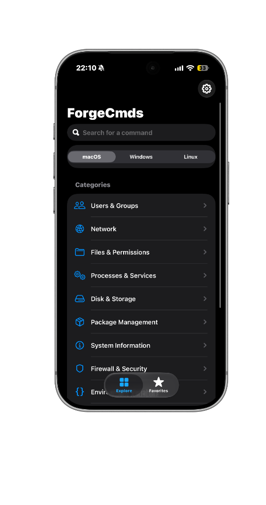 ForgeCmds Home and Categories Screen